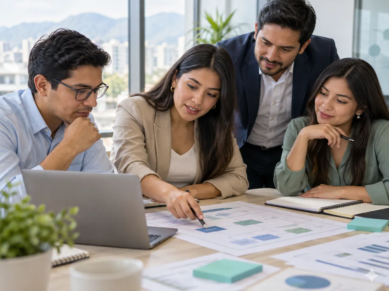 Profesionales revisando diagramas de procesos durante una capacitación